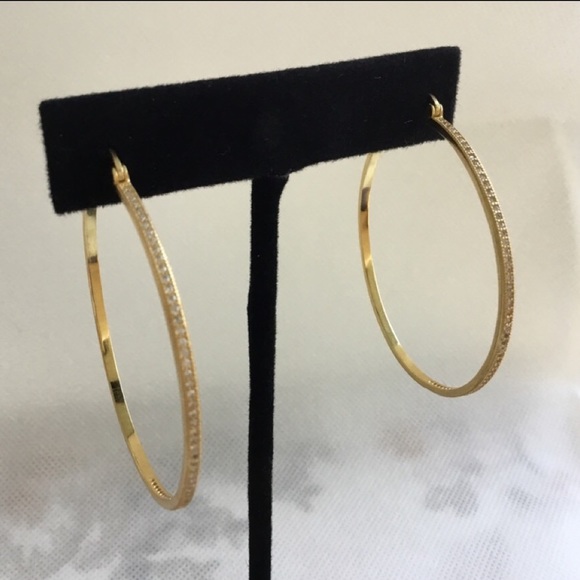 Clearance, Last Pair $28 Firm! Yellow Gold Plated Cz Round Hoop - Picture 6 of 9